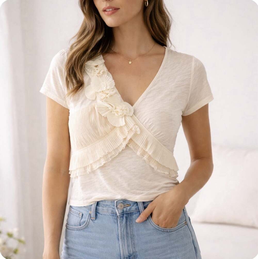 Deletta Anthro Cream Ruffle Layer Flower appliqués Romantic Sheer Soft Blouse L